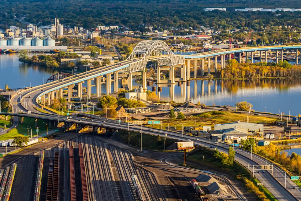 Aerial view of John A. Blatnik Bridge and freight yard in Duluth, Minnesota.